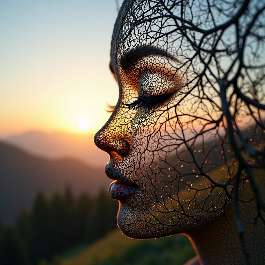 Ethereal Dew Woman Face Made of Twigs