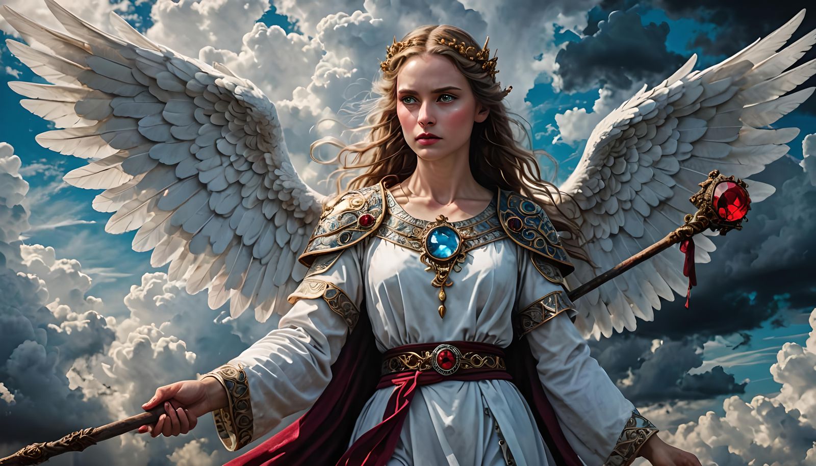 Angelic Being with Ruby Staff in Dramatic Sky