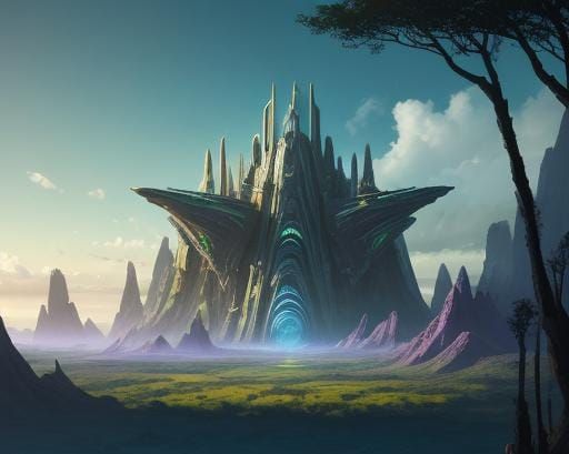 Futuristic Starship Landing on a Glowing Alien Planet