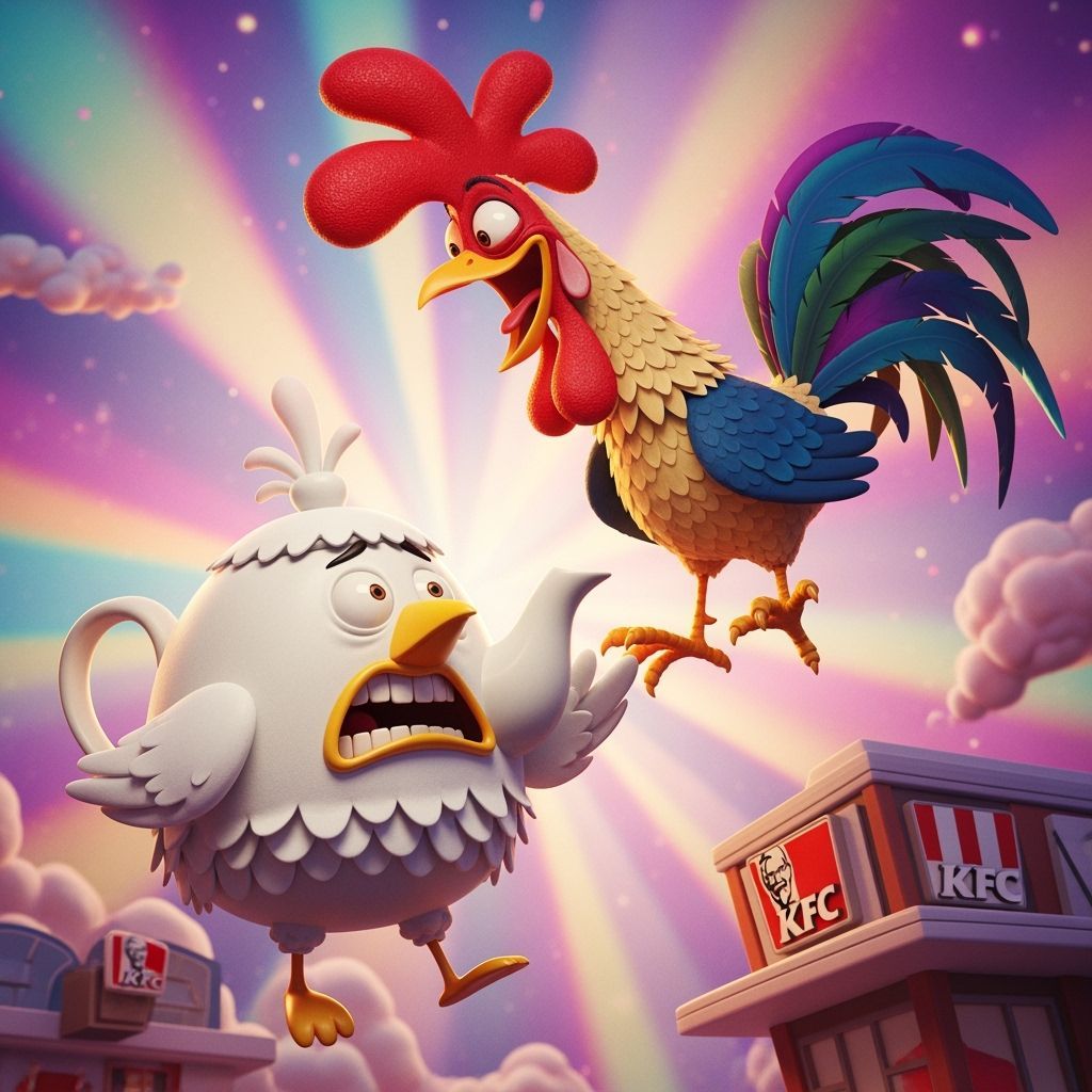 Terrified Teapot Chicken Meets Giant Rooster