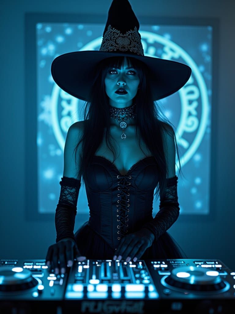 Gothic Witch DJ at a Mystical Glowing Booth