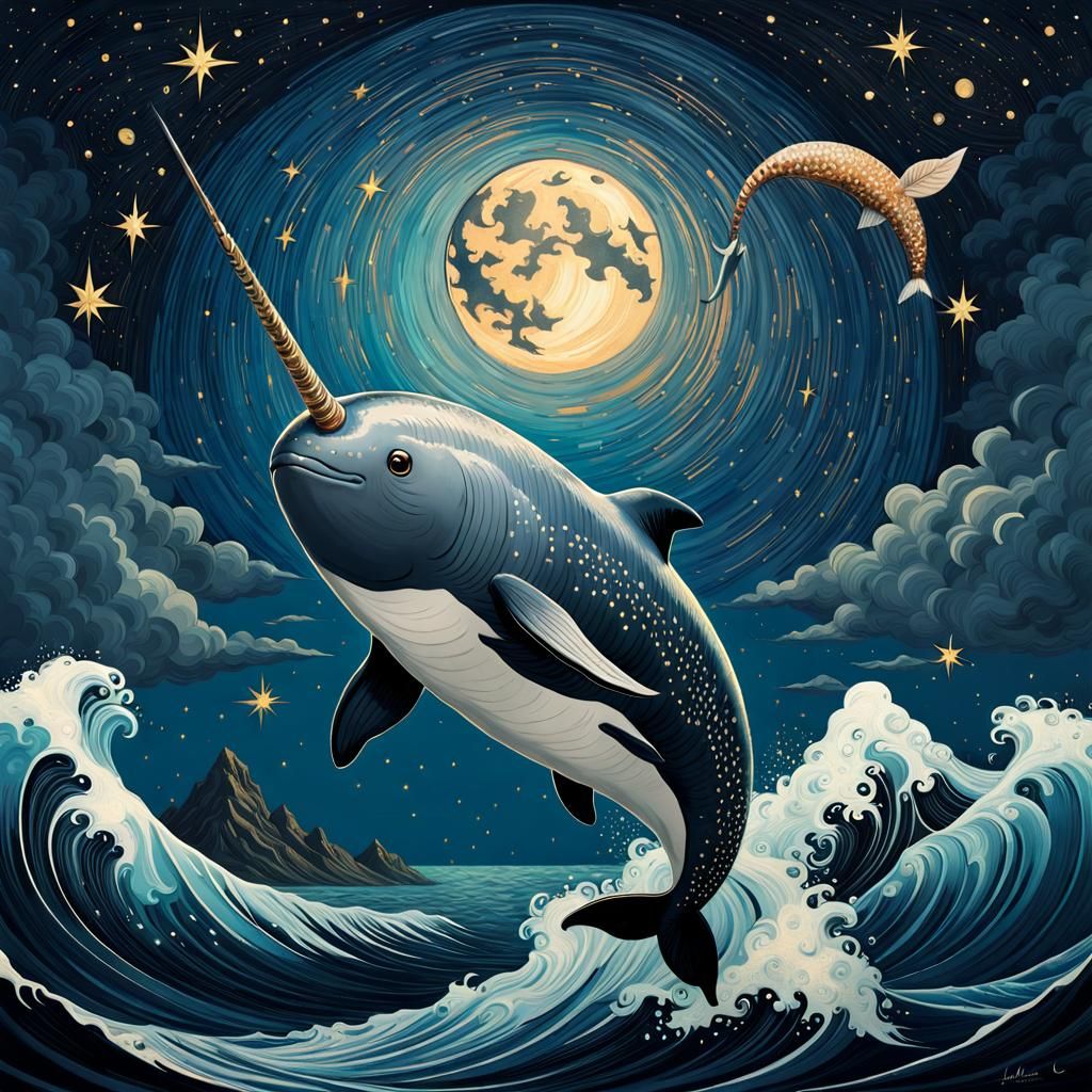 Narwhal Leaps Under Starry Sky: Fantasy Illustration