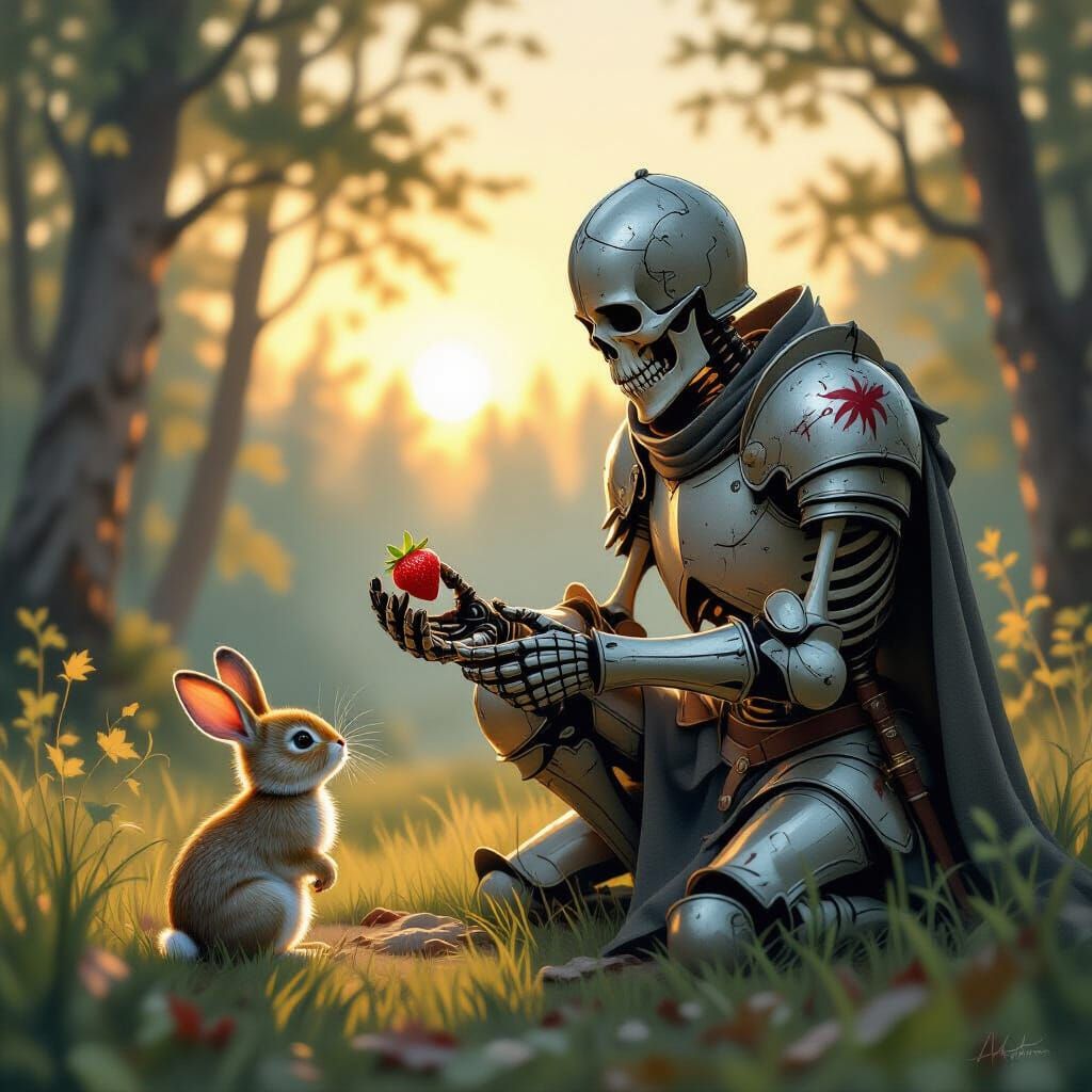Skeleton Knight Offers Strawberry to Rabbit in Forest
