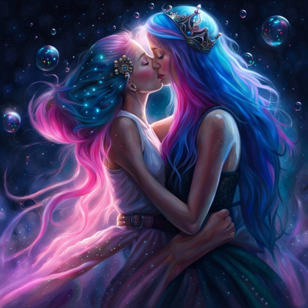 Girls Kissing in Galaxy with Pastel Hair