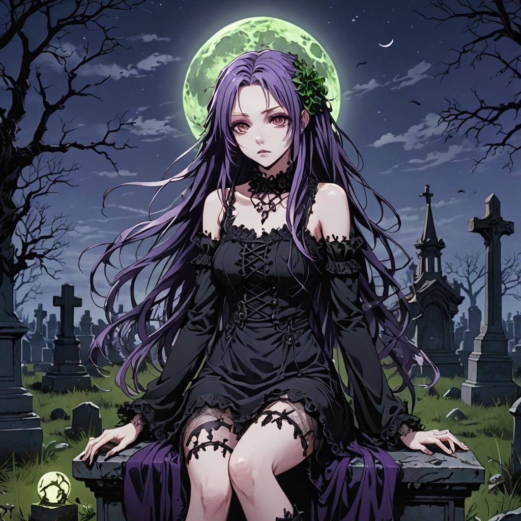Anime Girl in Gothic Cemetery Gazing at Moon