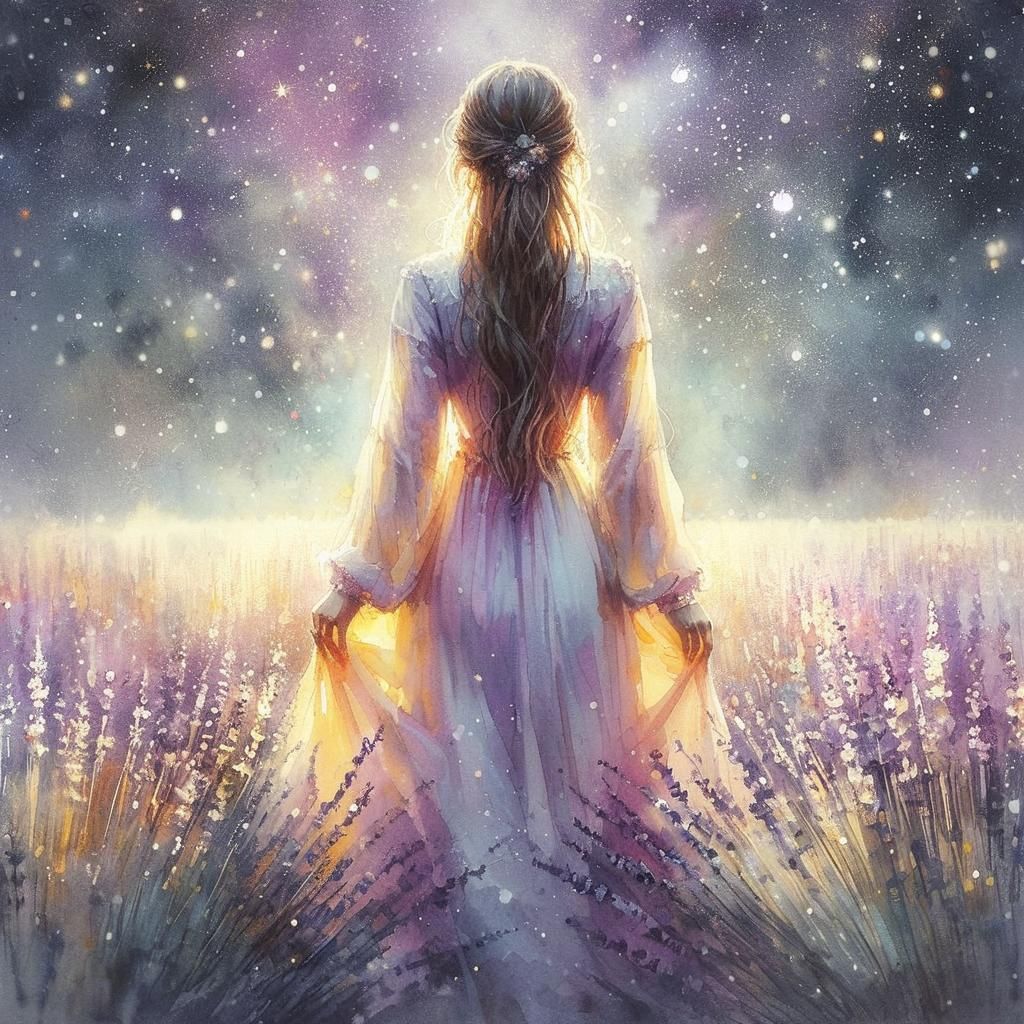 Fair Girl in Lavender Field at Night