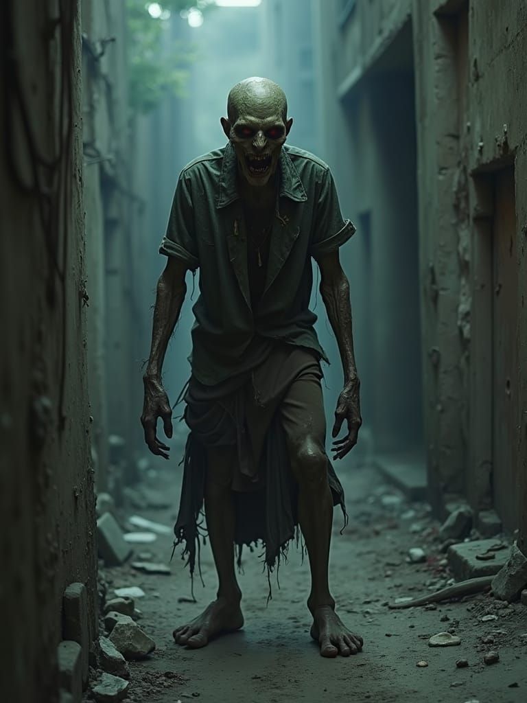 Menacing Zombie in Dark Fantasy Horror Alleyway