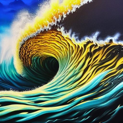 Surreal Person Faces Massive Wave in Oil Painting