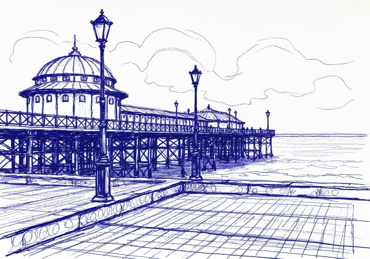 Blue Biro Doodle of Cromer Seafront and Pier