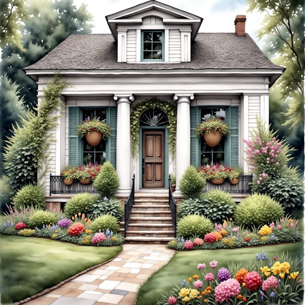 Antique Watercolor-Style White House with Blooming Flower Be...