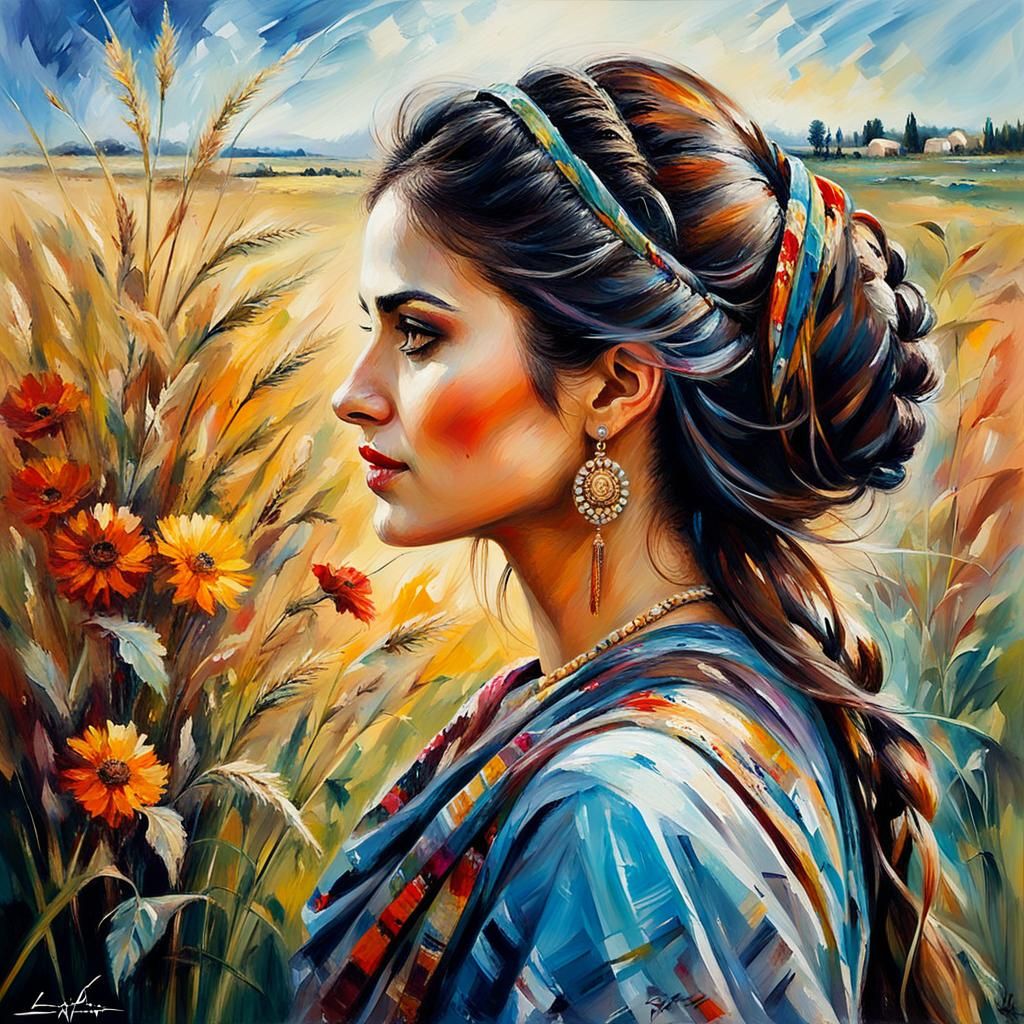 Syrian Girl in Sunny Field, Neo-Impressionist Portrait