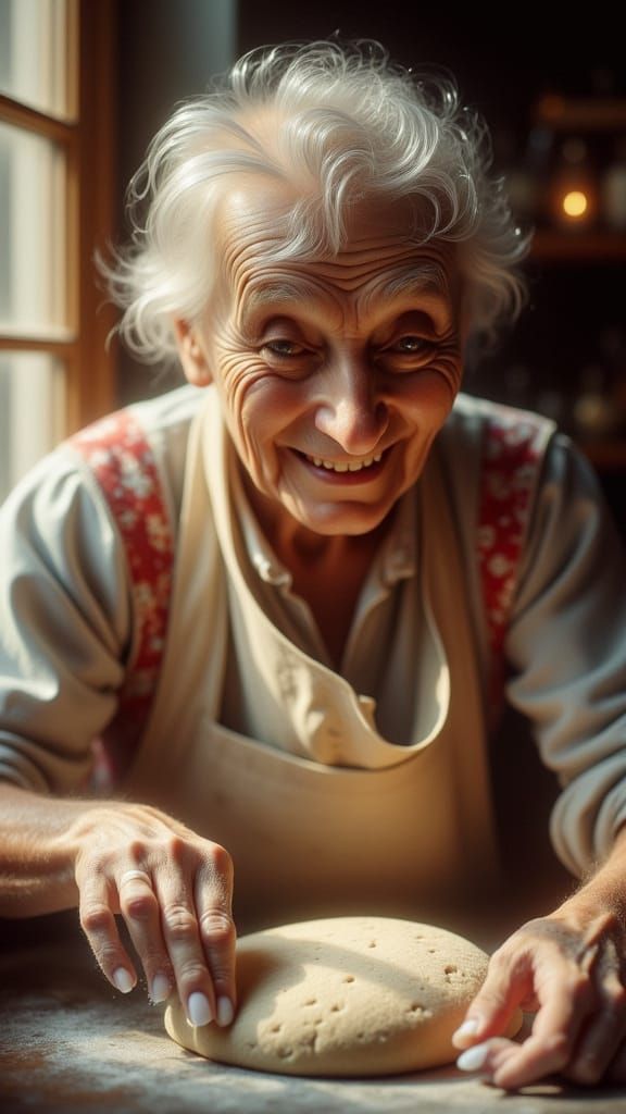 Elderly Baker Kneading Dough in Warm Sunlight