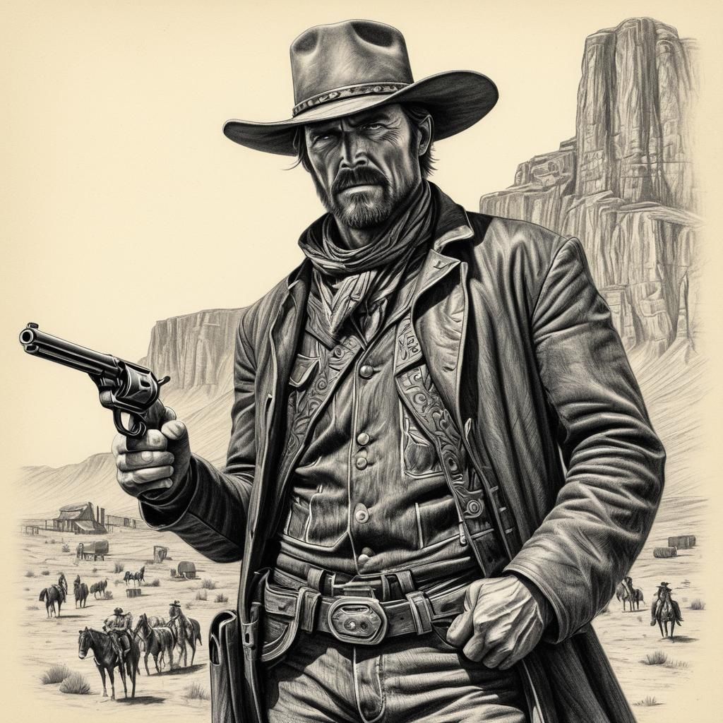 Wild West Gunslinger in Pencil Silhouette