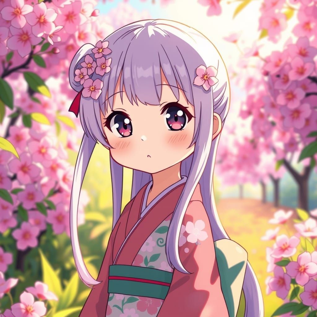 Anime Girl Stands in Cherry Blossom Garden, Inspired by Stud...