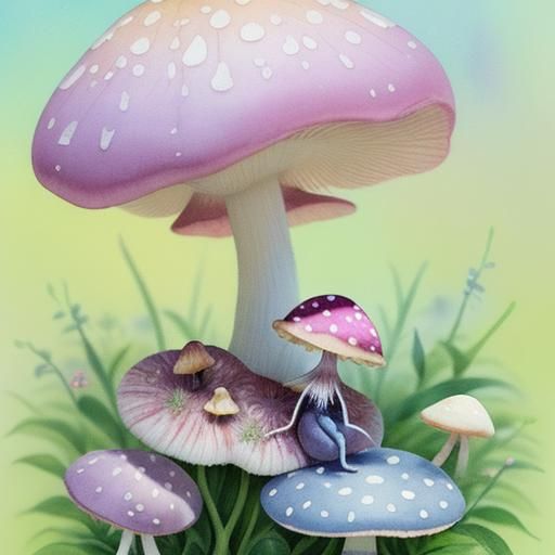 Pastel Watercolor Baby Spider on Mushroom