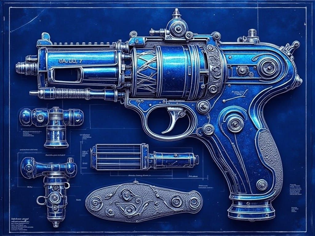 Blueprint Drawing of a Pistol in 3 Views on A0 Sheet