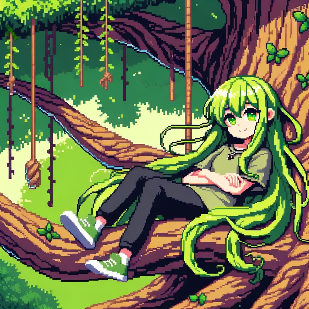 Pixelated Anime Girl Relaxing in a Serene Forest Glade