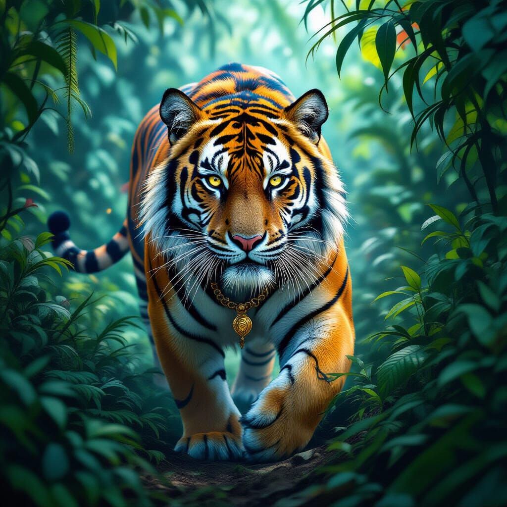 Bengal Tiger Prowls Bioluminescent Jungle in Surreal Style