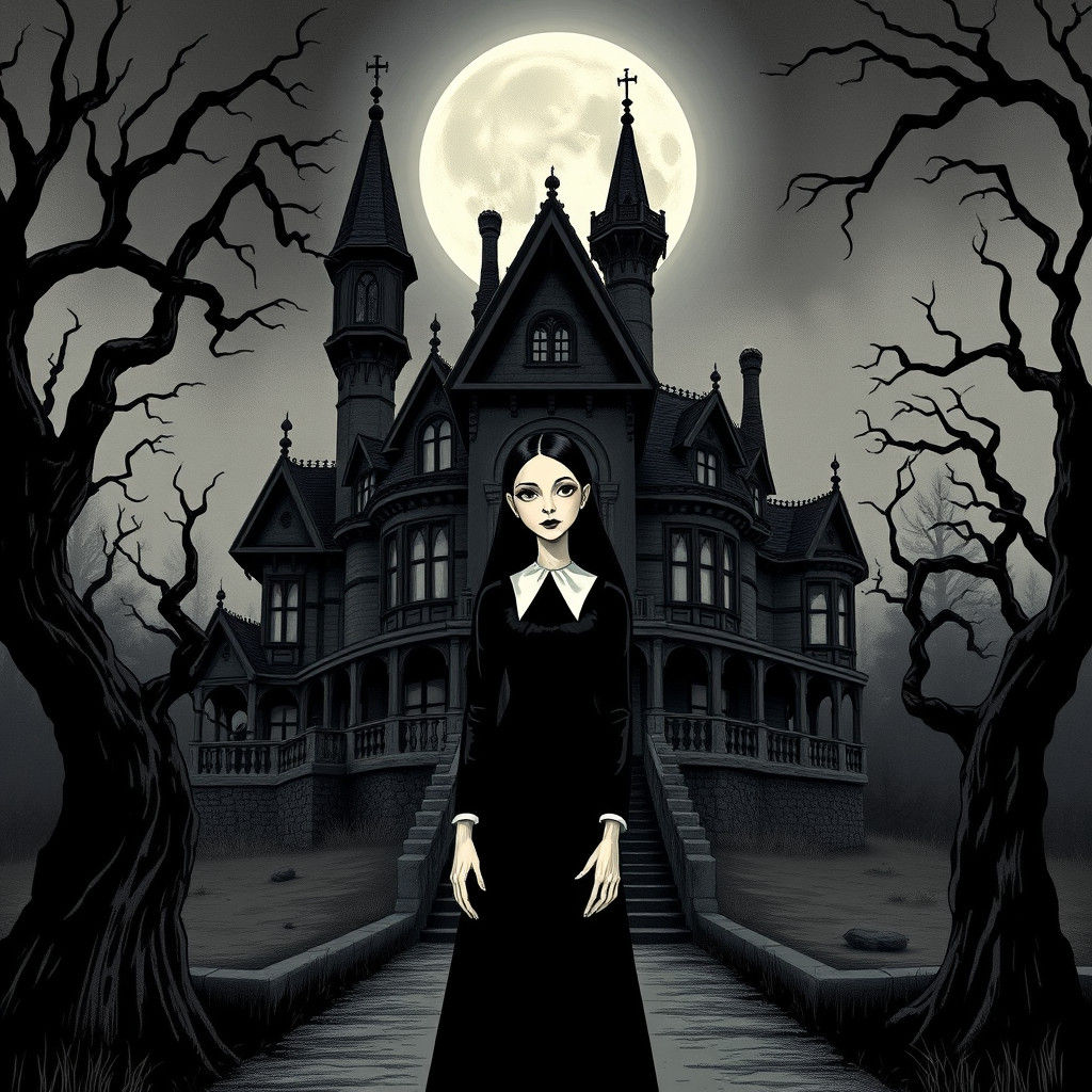 Wednesday Addams and Gothic Mansion in Eerie Style