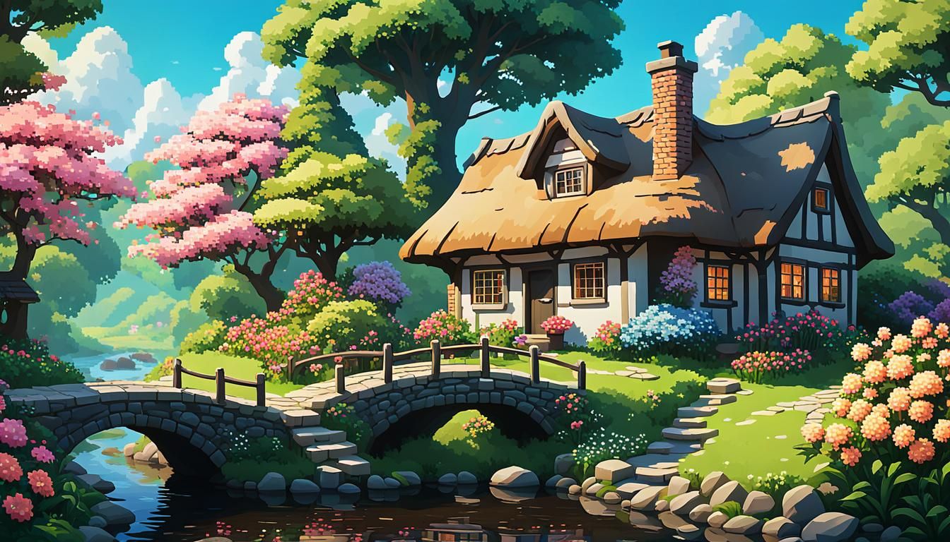 Charming Pixel Art Cottage with Blooming Flowers