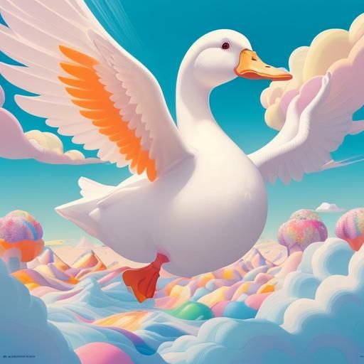 Duck Flying Over Candyland Clouds in Candy Art Style