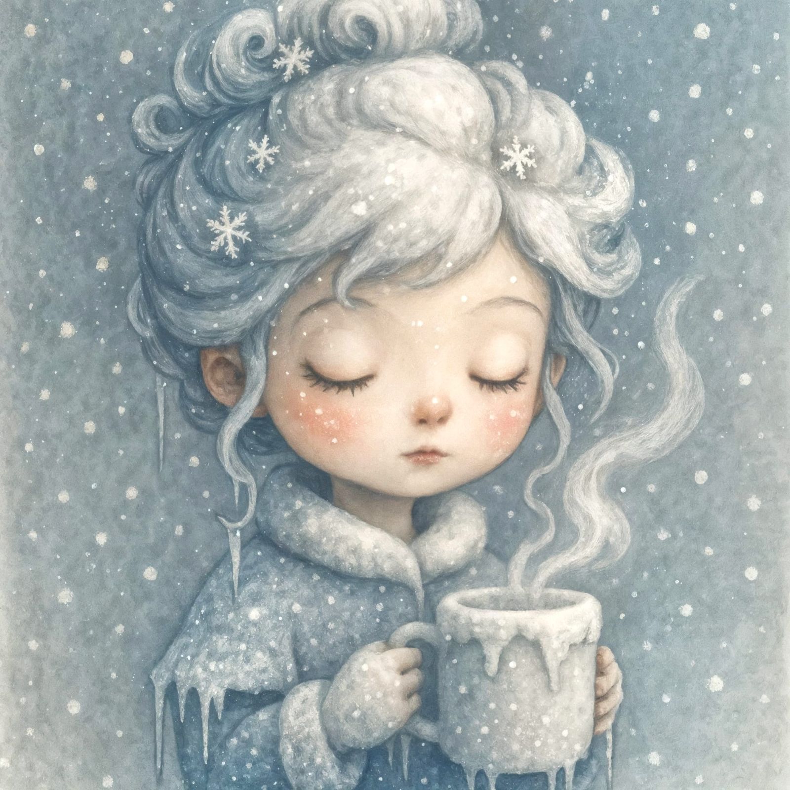 Whimsical Winter Girl with Snow-Covered Mug