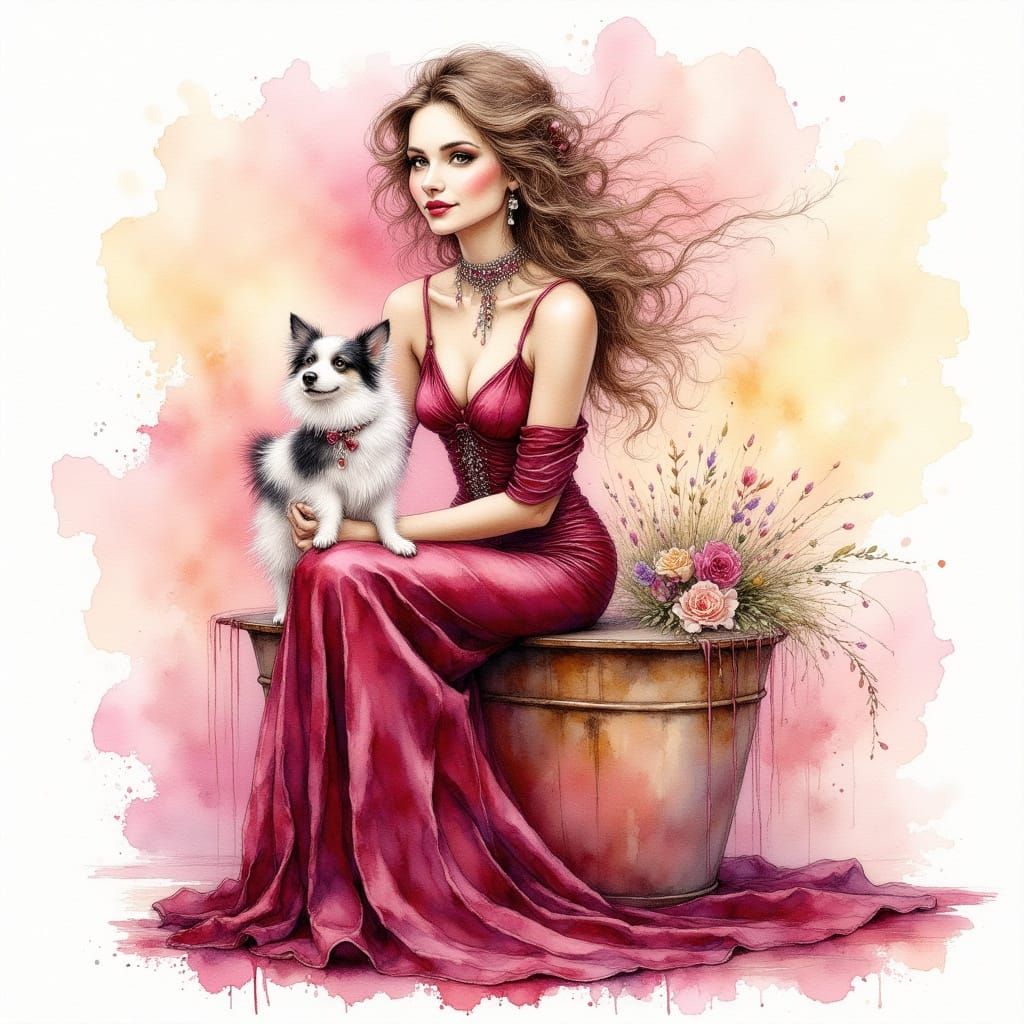 Elegant Woman in Burgundy Gown with Dog, Watercolor Style