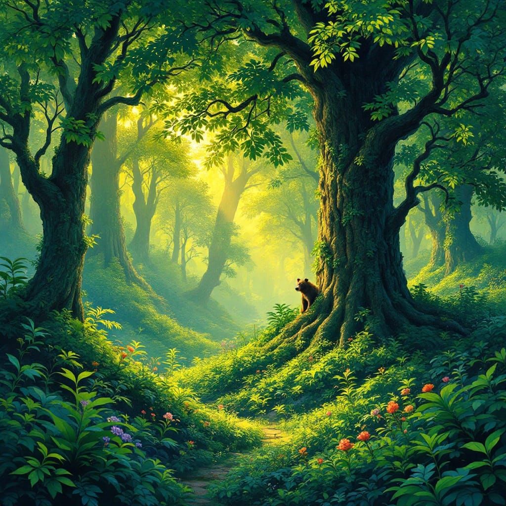 Ethereal Forest Dawn, Dreamlike Landscape in Vast Green