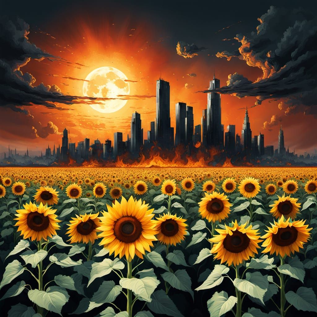 Surreal Sunflowers and Cityscape in Split Screen