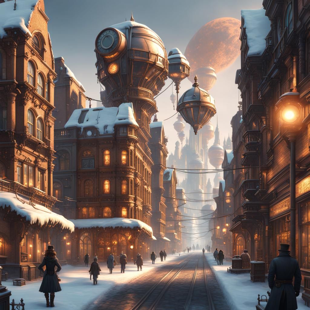Steampunk City in Winter: Detailed Acrylic Concept Art