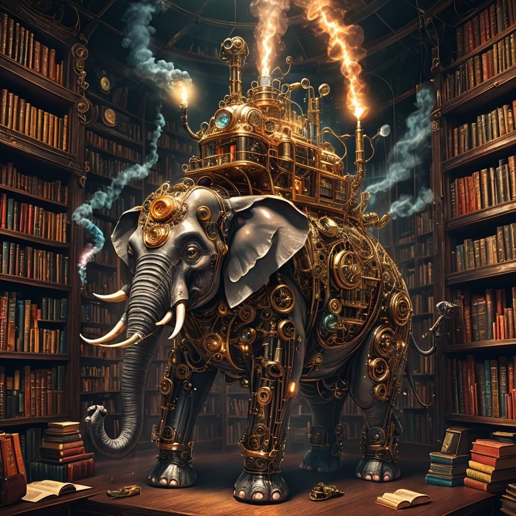 Astonishing Steampunk Elephant Machine in Library