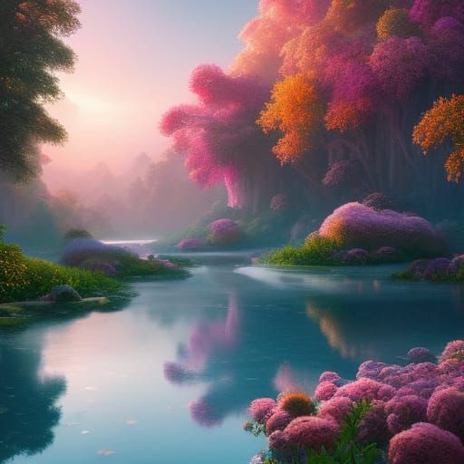 Enchanting Lakeside Landscape with Blossoms and Moon