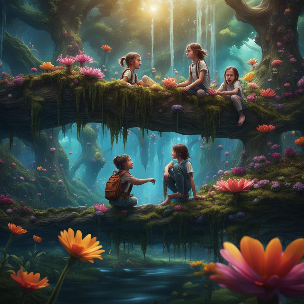 Children Float in Forest with Flowers: Fantasy Art
