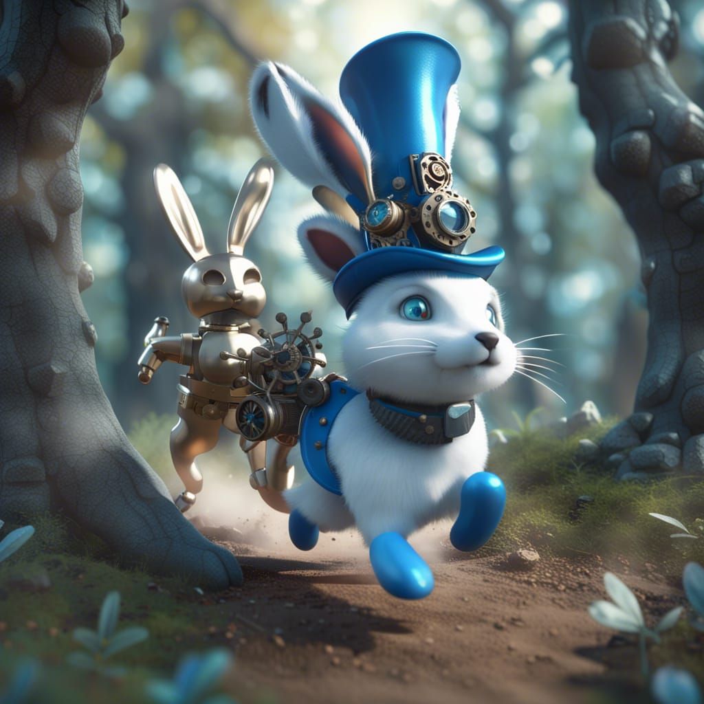 Steampunk Bunny and Fox Chase in Forest