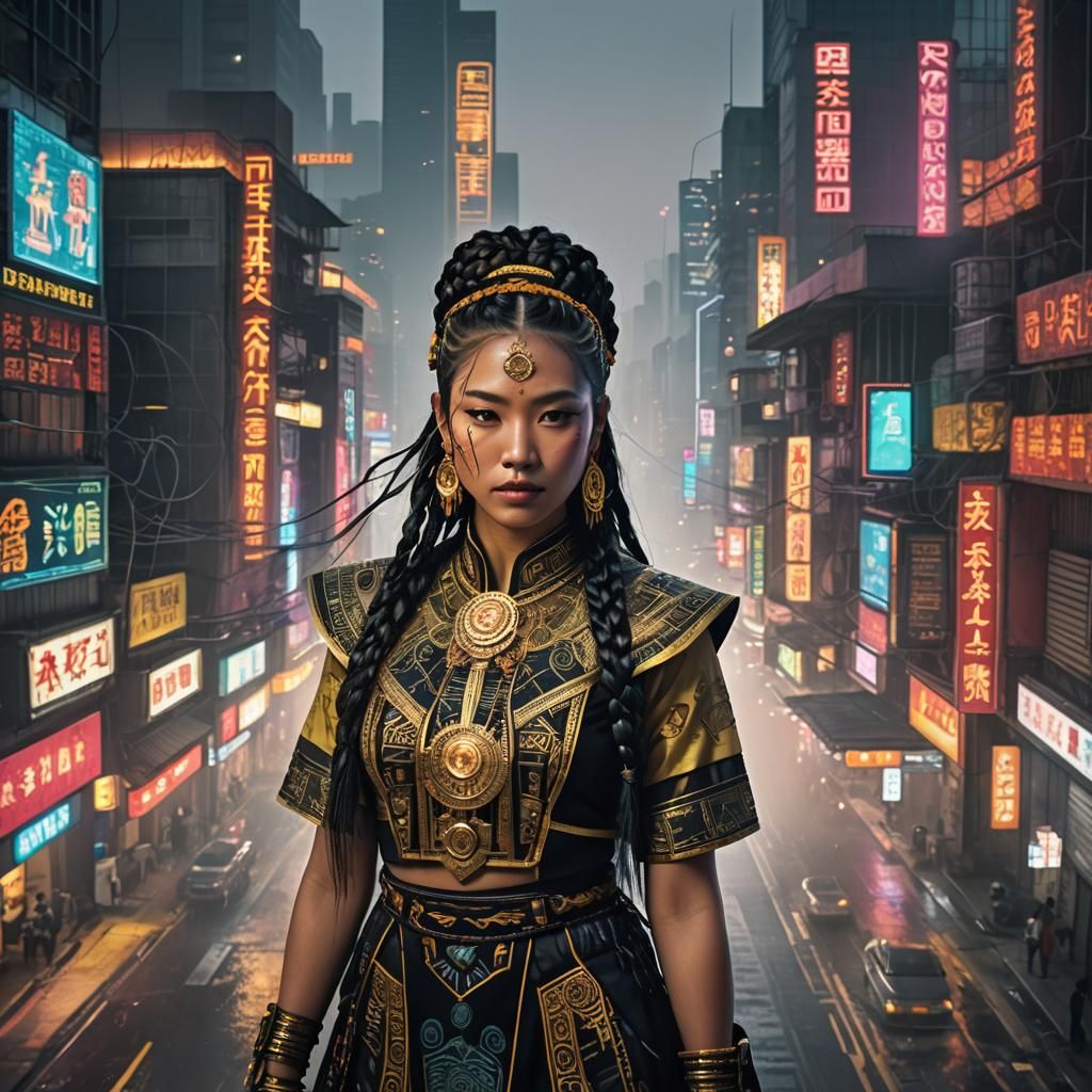 Cyberpunk Aztec Woman in Moody Anime Cityscape