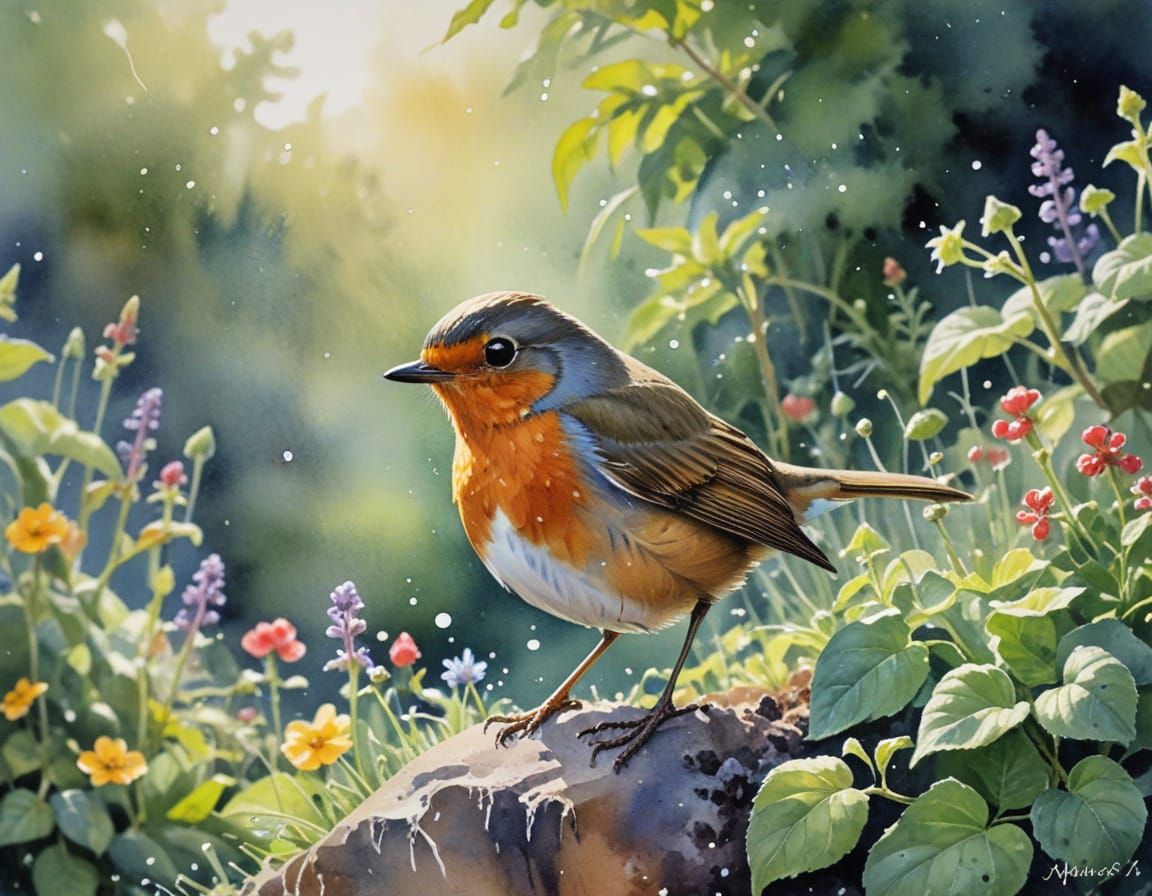 Delicate Watercolour Robin Soars Over Vibrant Garden