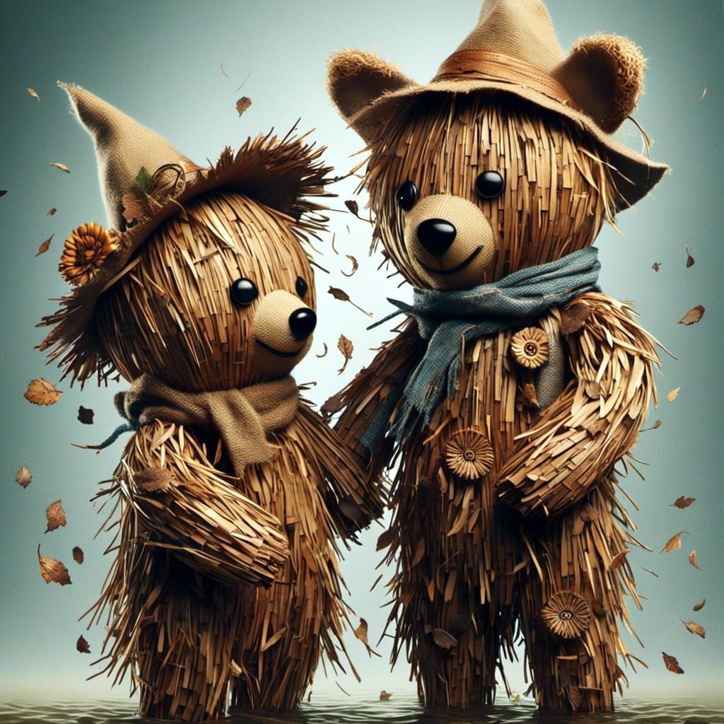 Steampunk Scarecrow Teddy Bears Hugging