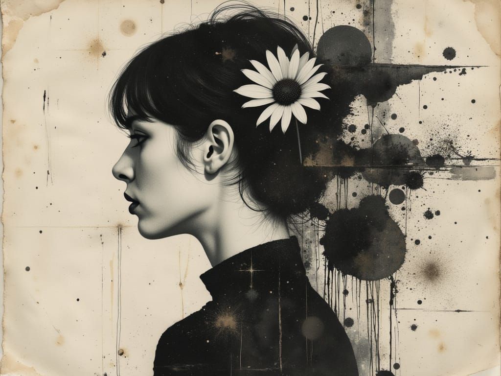 Gothic Ethereal Woman Portrait in Watercolor and Ink