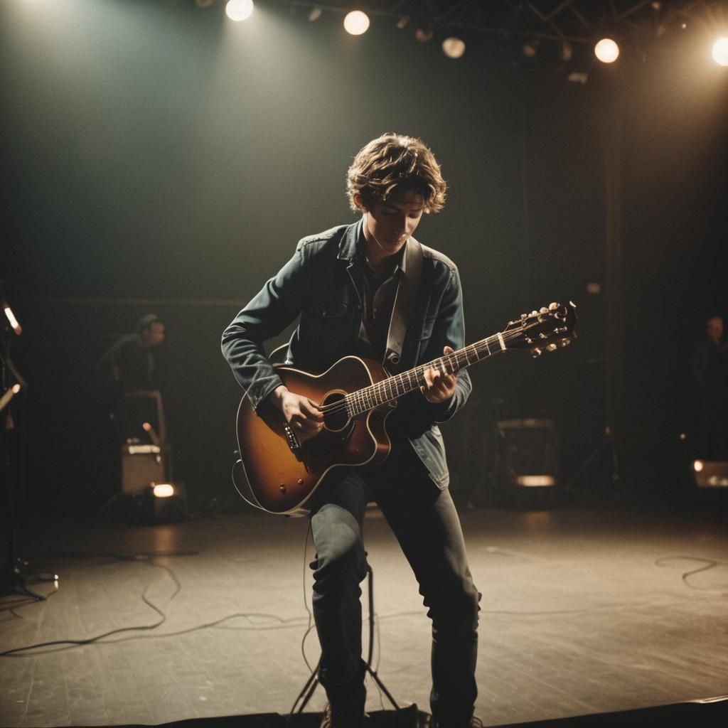Boy Plays Guitar on Stage with Cinematic Lighting