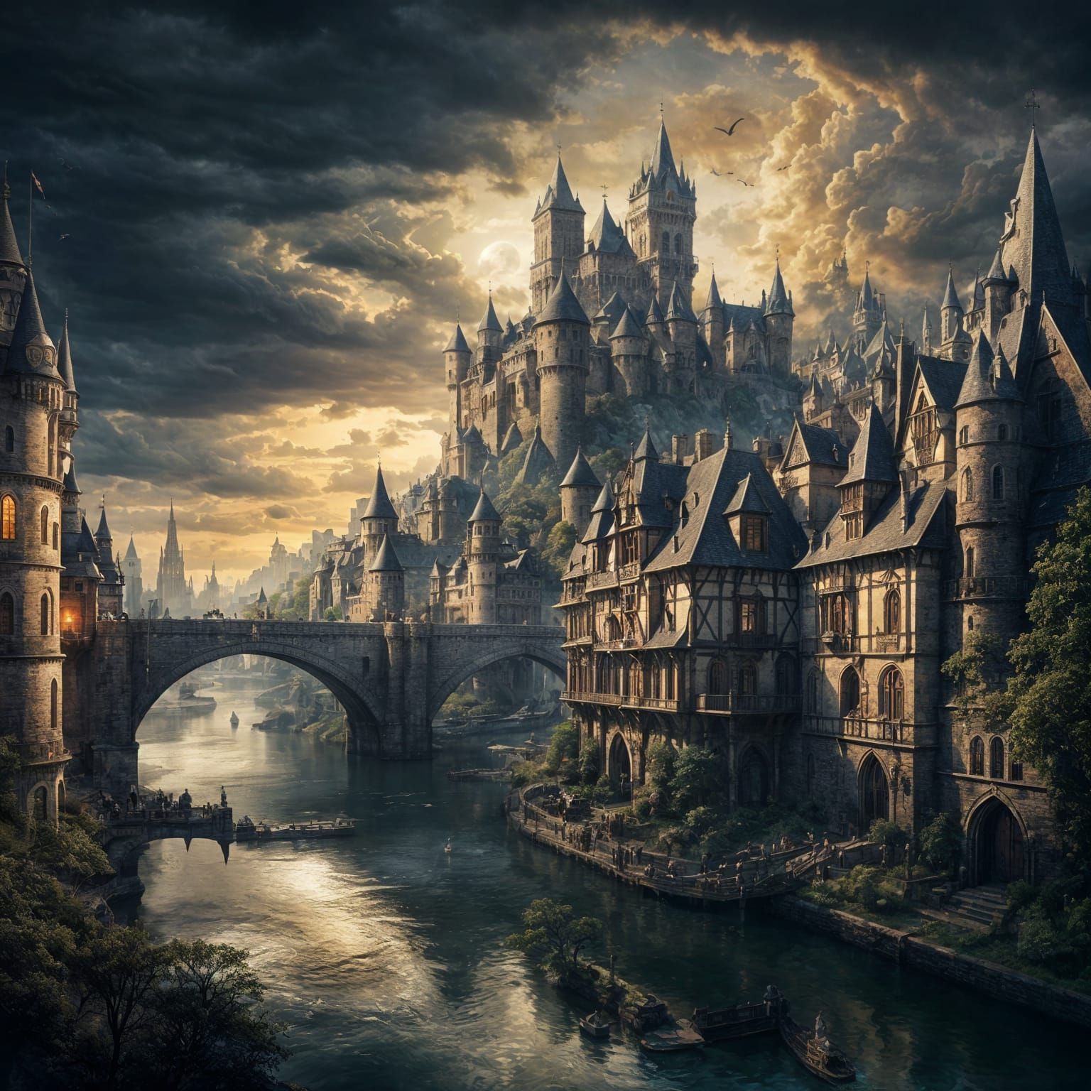Fortified City on River: Dark Fantasy Medieval French Style