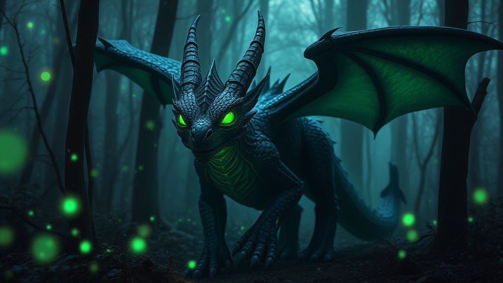 Mystical Black Dragon in Dreamy Forest Landscape