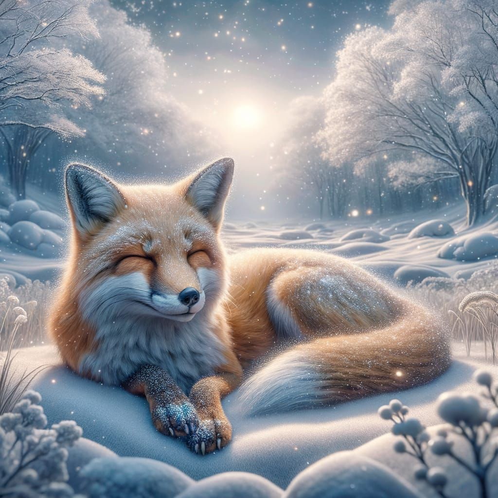 Relaxed Fox in Sparkling Snowy Winter Landscape