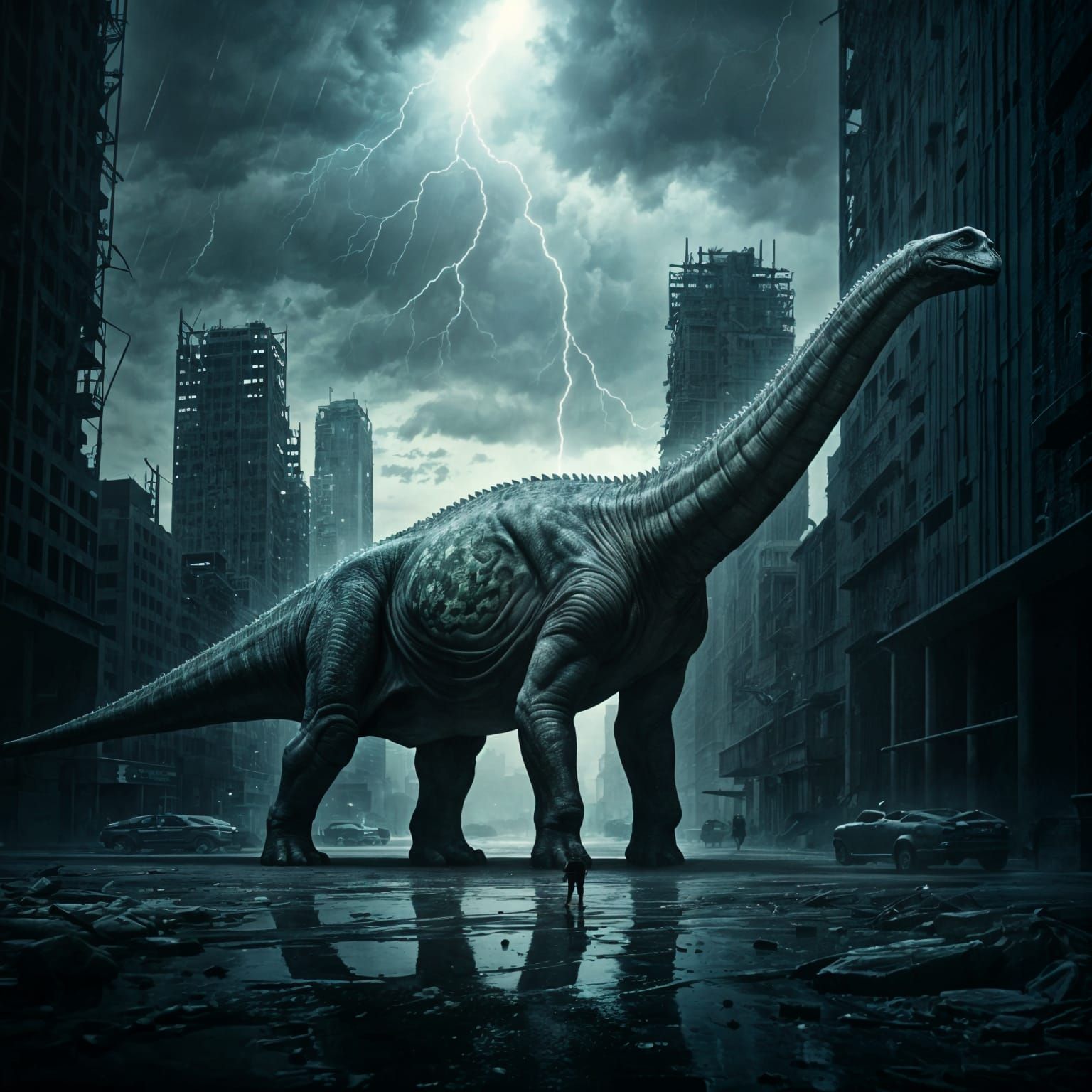 Gigantic Prehistoric Beast Roams a Desolate Cityscape
