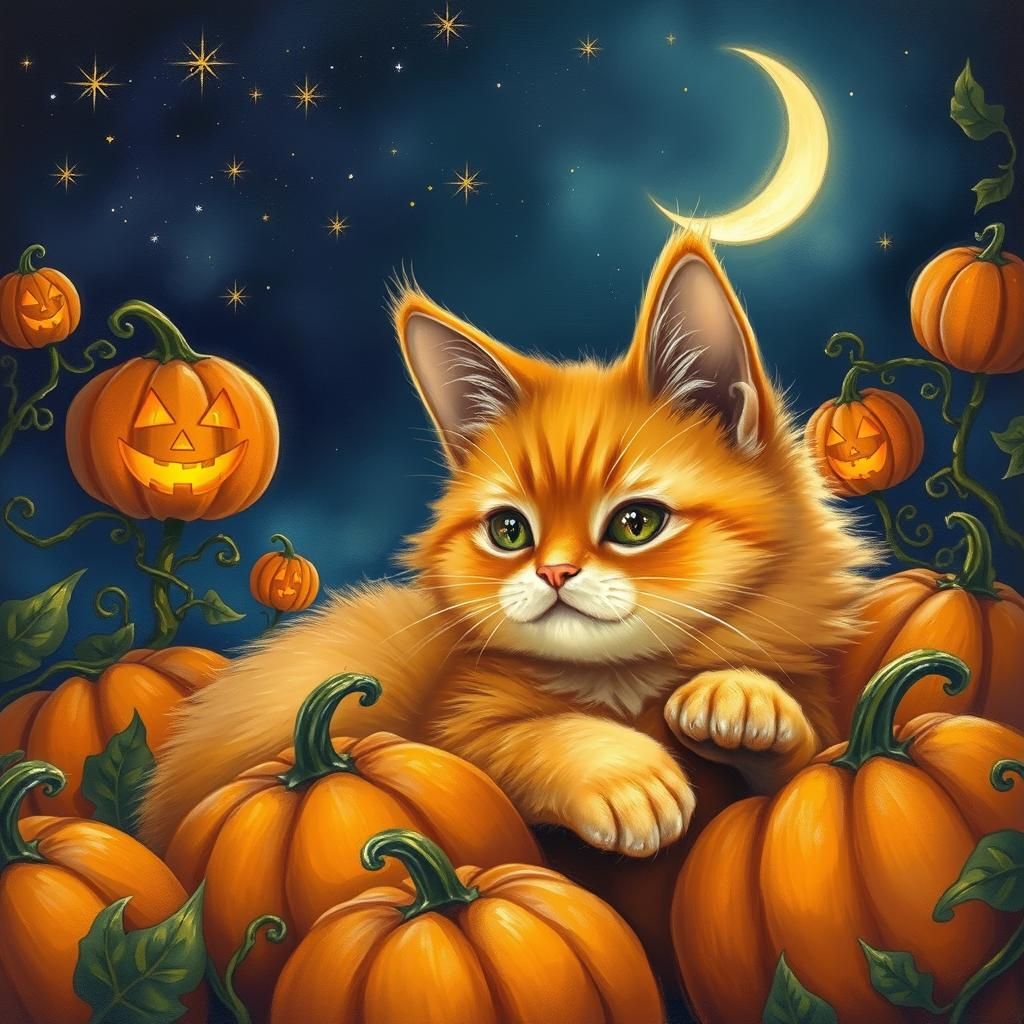 Orange Cat Lounging in Whimsical Pumpkin Field