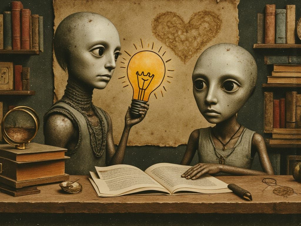Robots Debating Ideas in a Cozy, Book-Filled Study