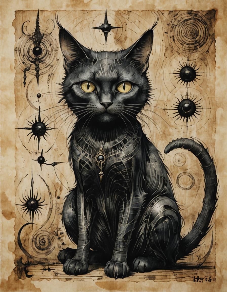 Ancient Black Cat Illustration in Giger Style