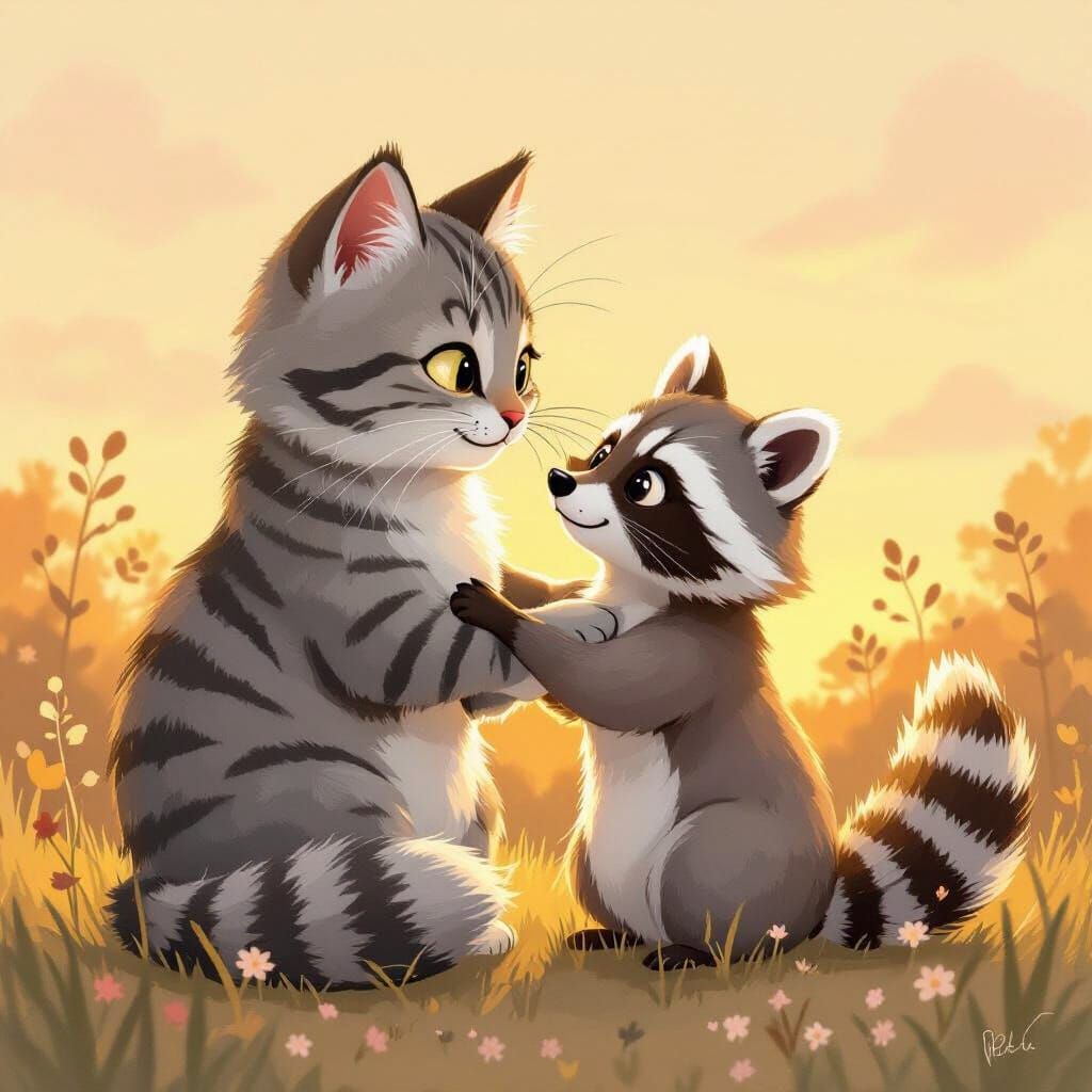 Tabby Cat and Raccoon Embrace in Twilight Glow