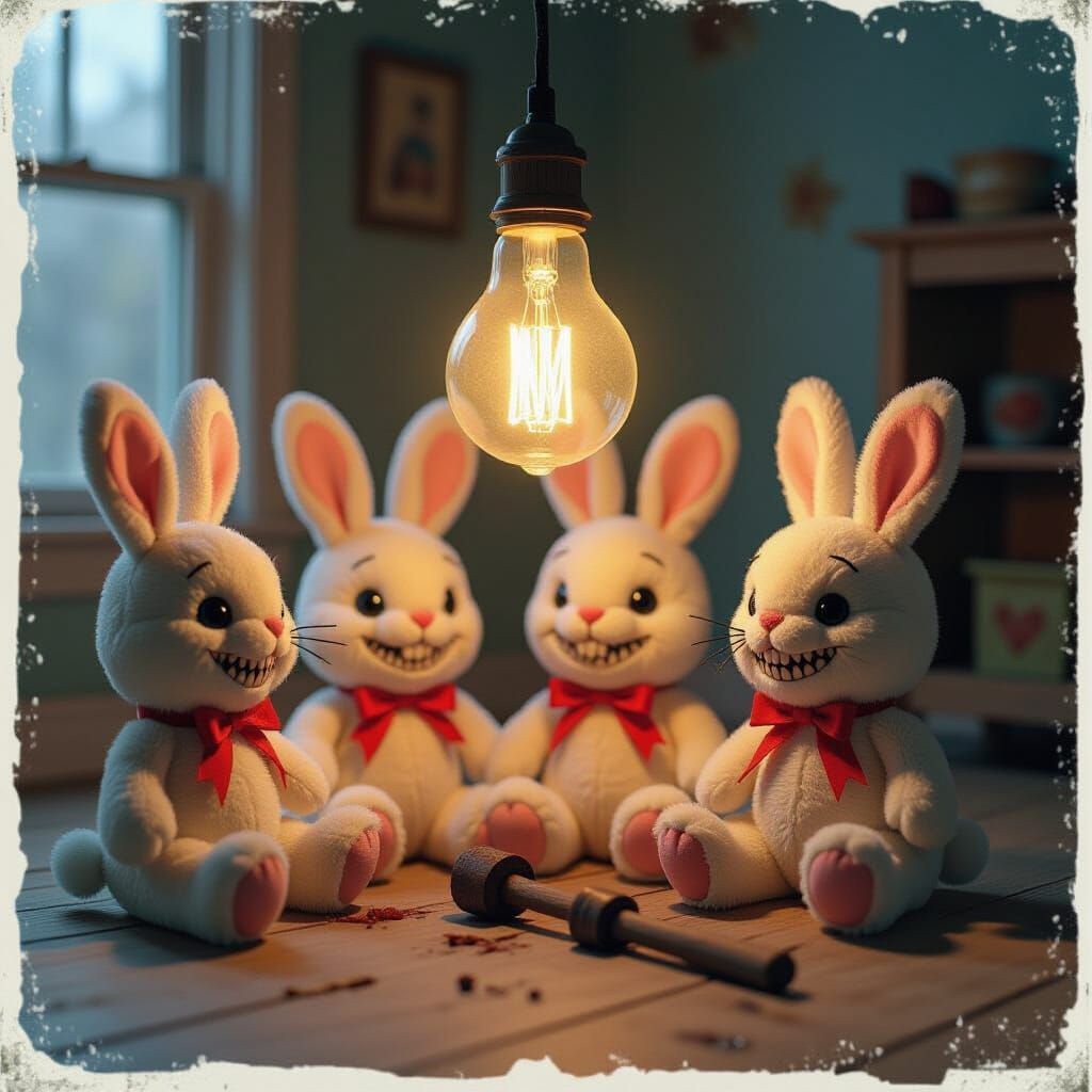 Menacing Plush Bunnies in Abandoned Playroom
