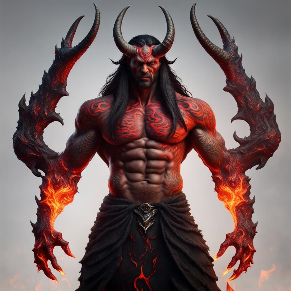 Hyperrealistic Muscular Demon in Volcanic Landscape
