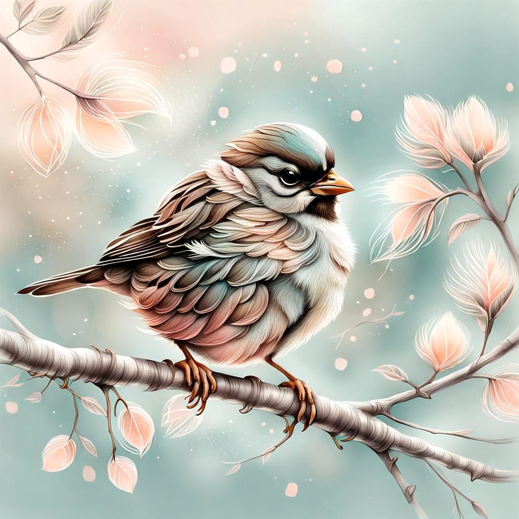Whimsical Baby Sparrow Illustration in Pastel Colors